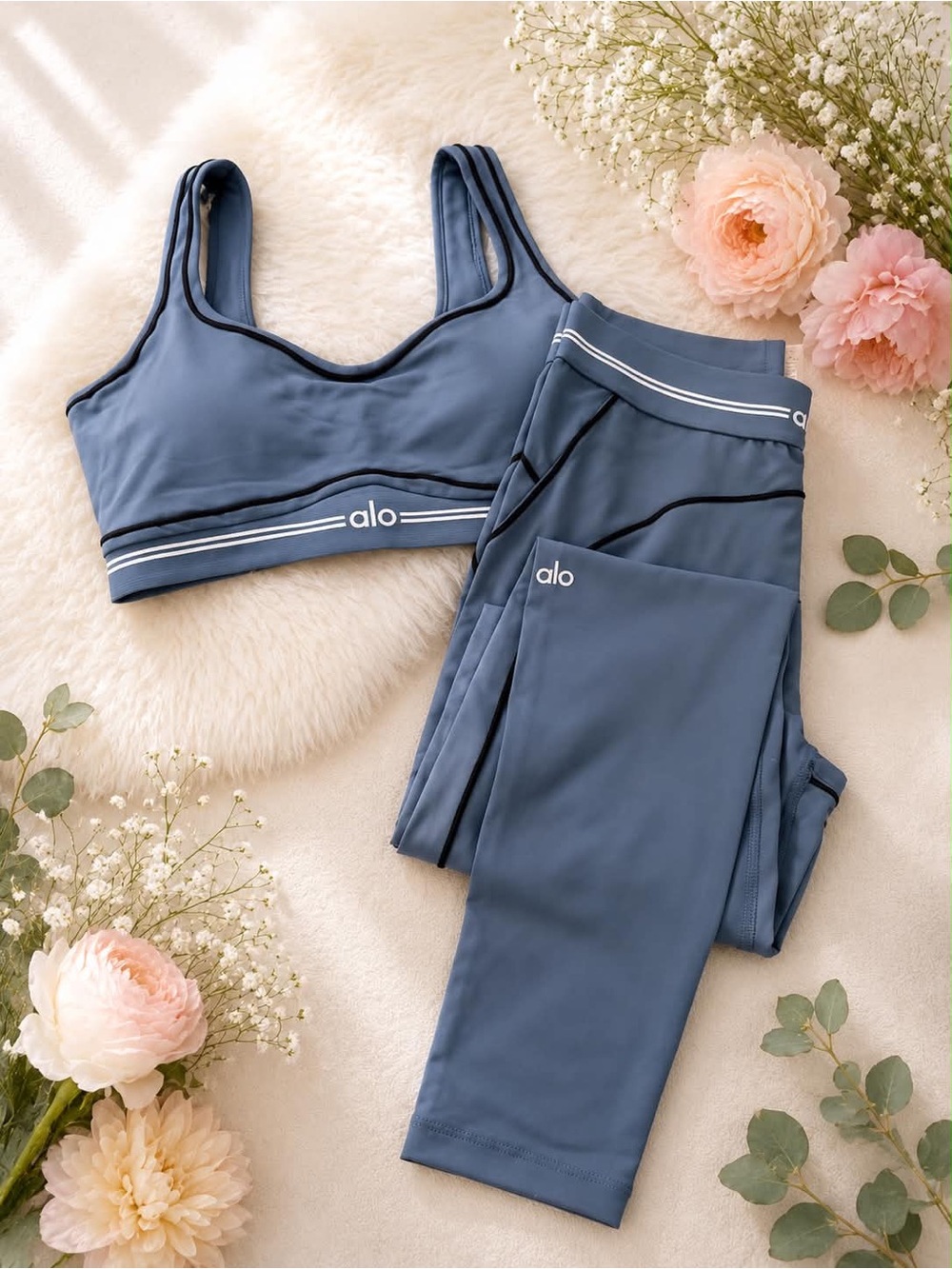 ALO Yoga Slate Blue Sports Bra and High-Waist Leggings